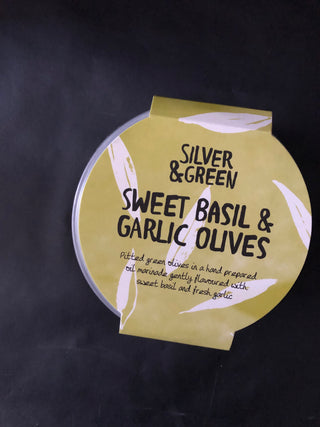 silver and green sweet basil and garlic olives
